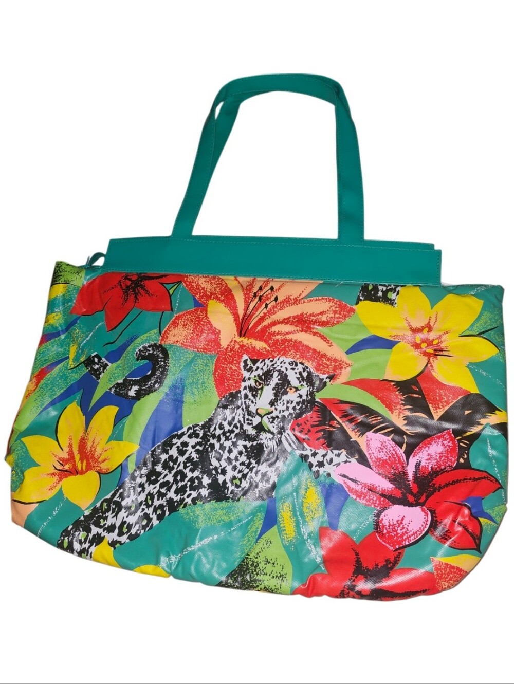 💰Teal Floral Leopard Tote Bag - Vibrant Tropical Print